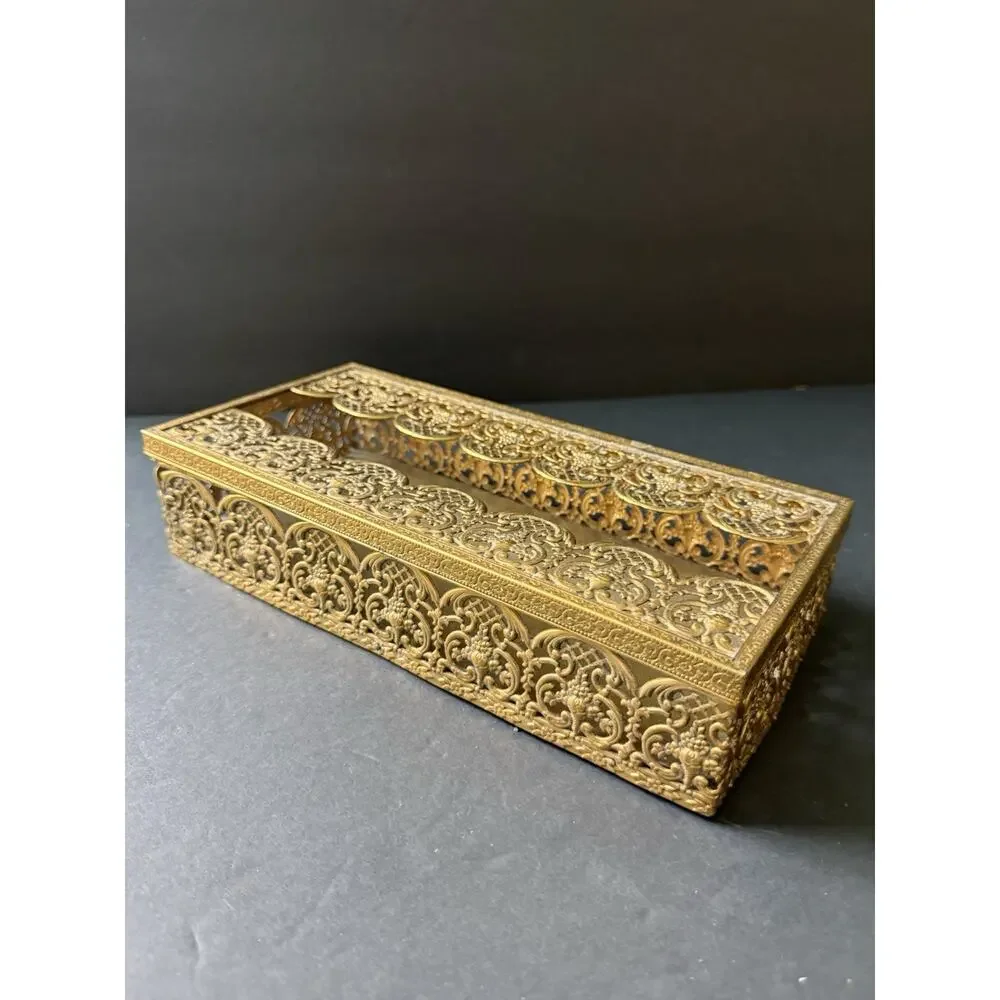 Hollywood Regency Gold Tone Filigree Tissue Box Holder Floral Pattern Vintage